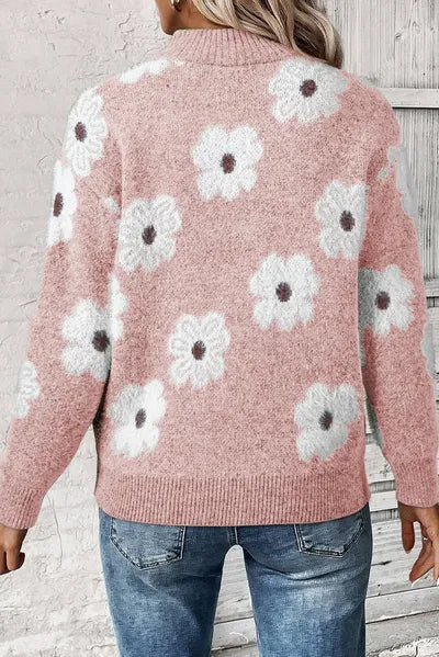 Floral Half-Zip Long Sleeve Knit Sweater