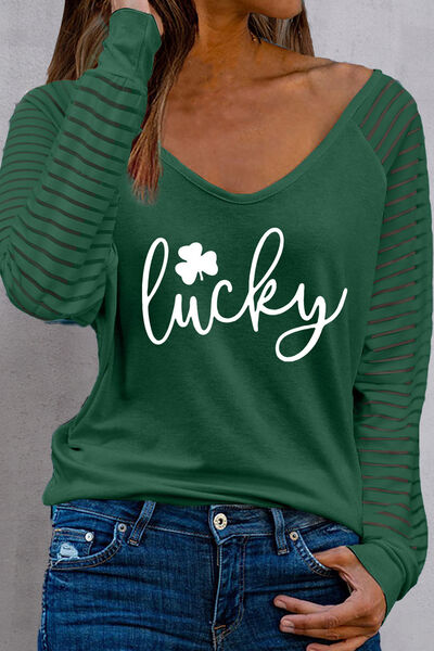 LUCKY V-Neck Long Sleeve Raglan Blouse Dark Green