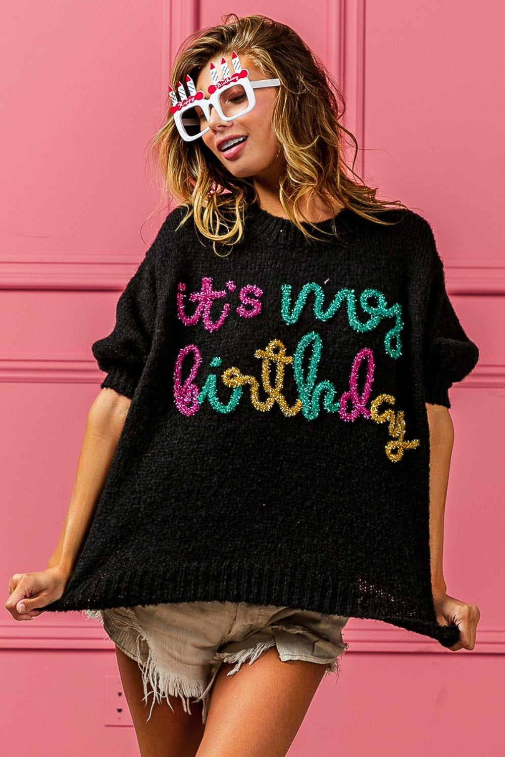 BiBi Metallic Letter Puff Sleeve Fuzzy Sweater