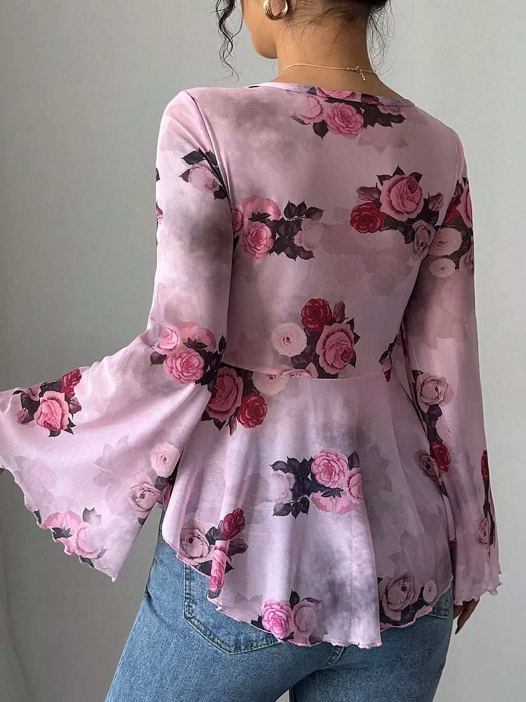 Floral Tie-Front Flare Sleeve Blouse