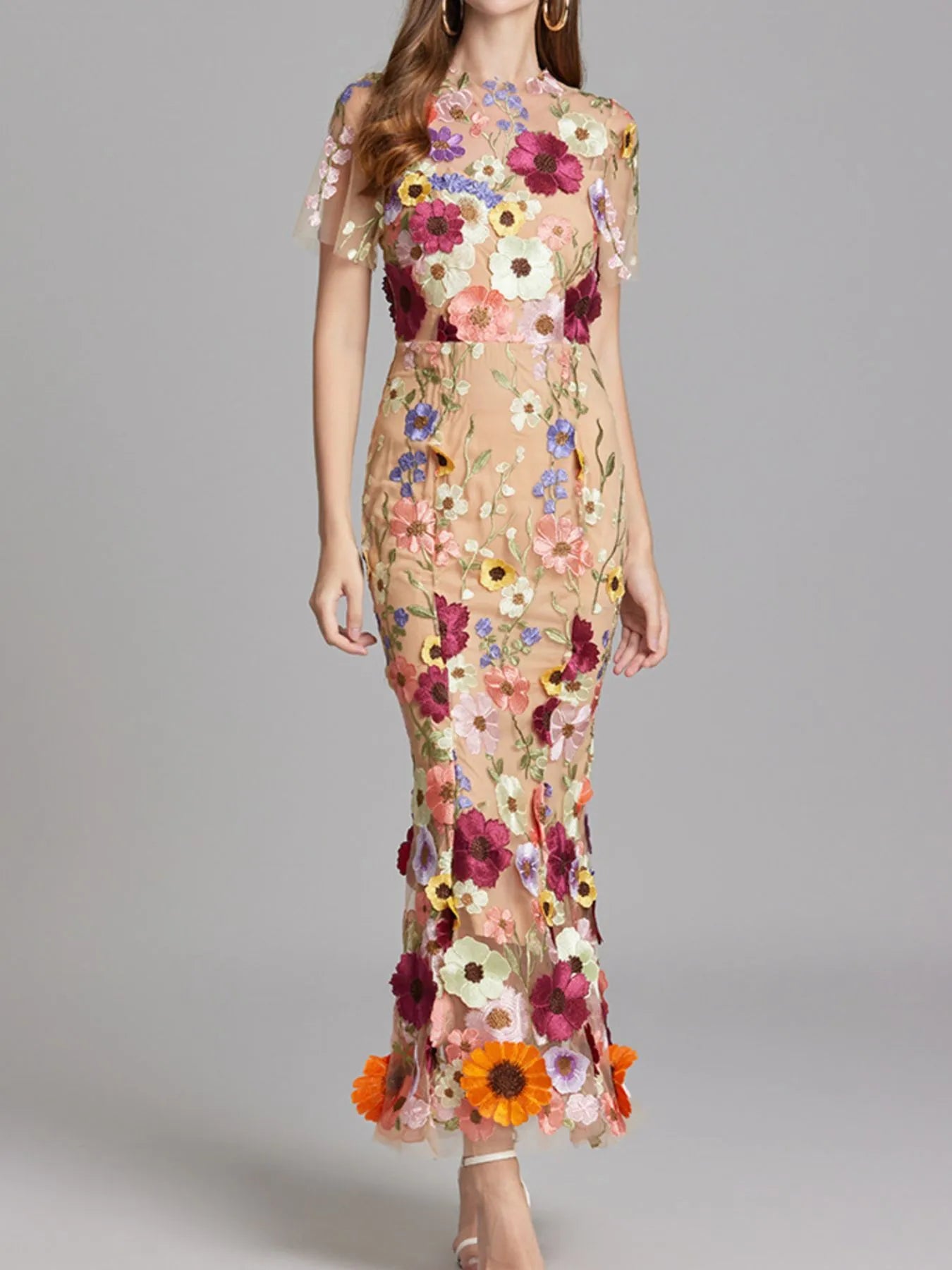 Embroidered Mesh Overlay Maxi Dress – Lined Evening Wear with Zipper Closure