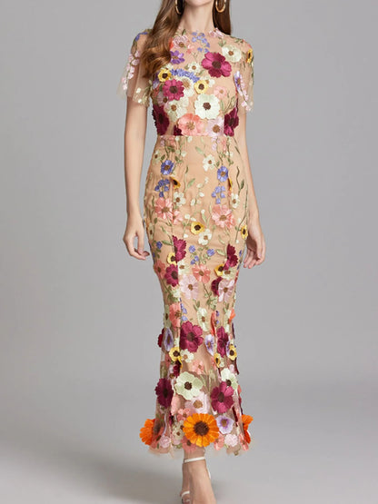Embroidered Mesh Overlay Maxi Dress – Lined Evening Wear with Zipper Closure