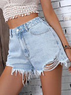 Raw Hem Buttoned Denim Shorts - No Stretch