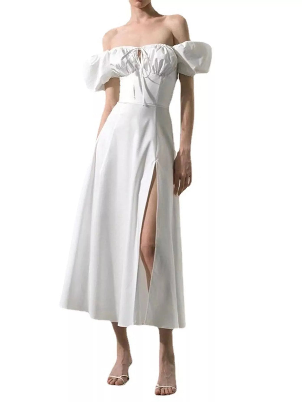 Full-Size Ruched Tie-Waist Slit Midi Dress