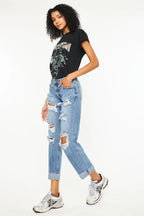 Kancan Mid Rise Distressed Boyfriend Fit Jeans