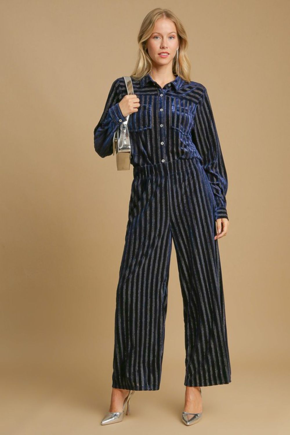 Umgee Striped Wide Leg Velvet Pants with Elastic Waist