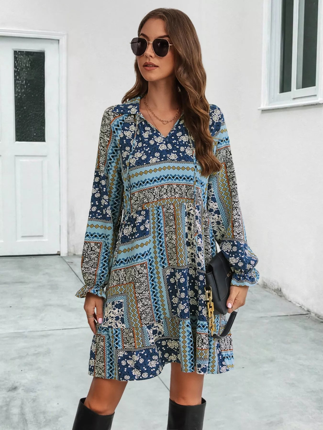 Boho Floral Ruffled Long Sleeve Mini Dress