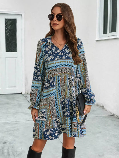 Boho Floral Ruffled Long Sleeve Mini Dress