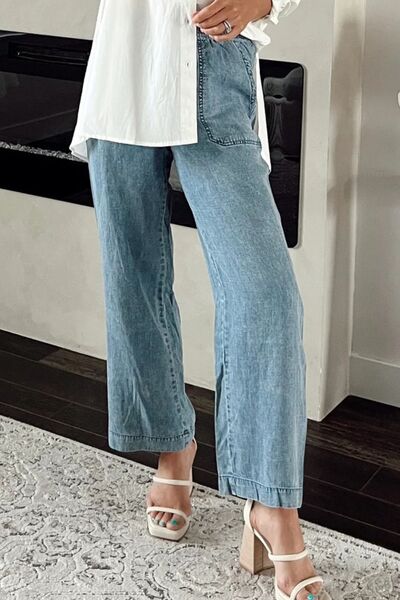 Mineral Wash Drawstring Waist Straight Jeans