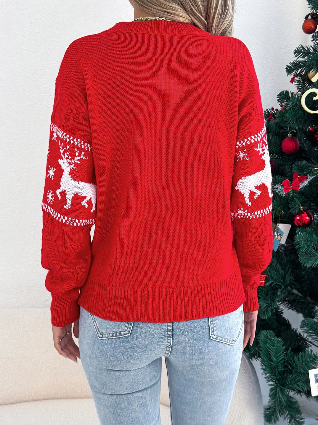 Festive Christmas Reindeer Cable-Knit Sweater