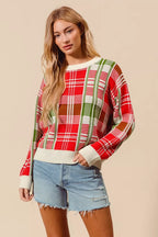 SO ME Festive Christmas Checkered Plaid Crew Neck Sweater