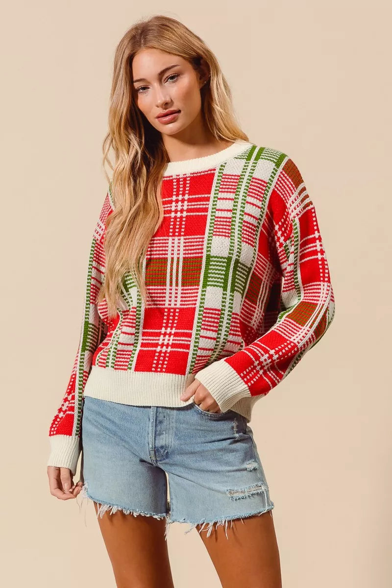 SO ME Festive Christmas Checkered Plaid Crew Neck Sweater