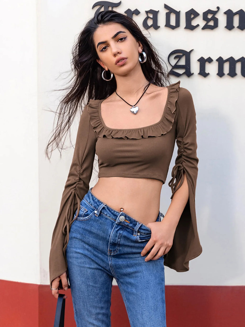 Chic Ruffled Square Neck Long Sleeve Top with Tie Front & Stretch Fit