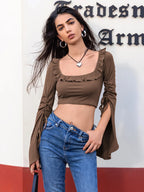 Chic Ruffled Square Neck Long Sleeve Top with Tie Front & Stretch Fit