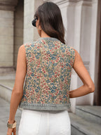 Floral Embroidered Sleeveless Button-Front Denim To