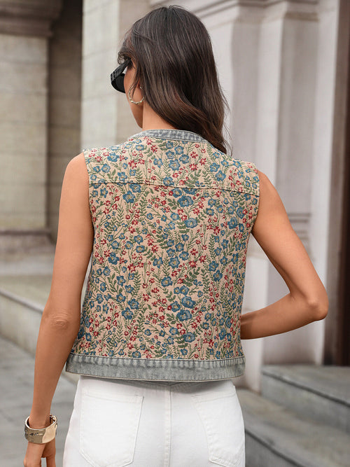 Floral Embroidered Sleeveless Button-Front Denim To