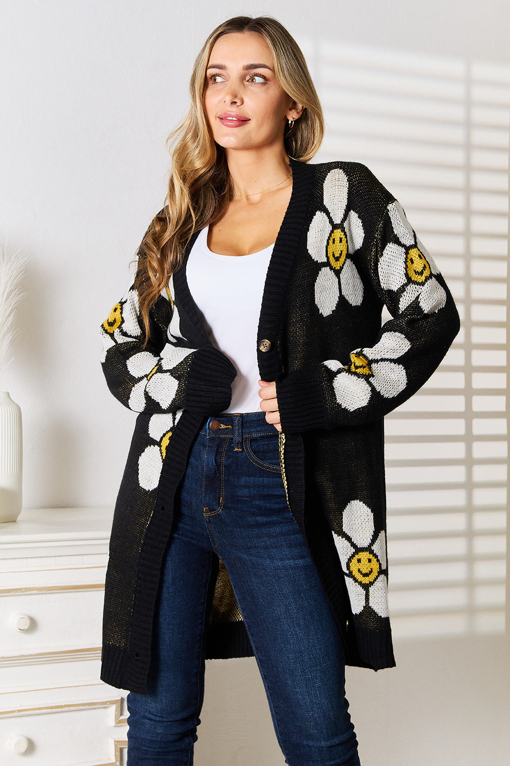 Floral Button Down Longline Cardigan Black