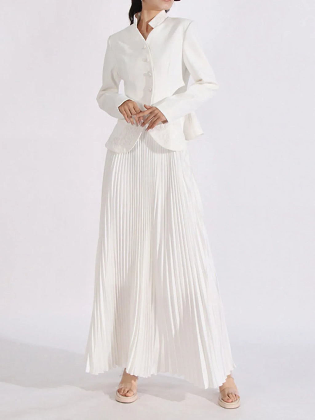 Elegant Button Up Long Sleeve Blouse & Pleated Skirt Two-Piece Set White
