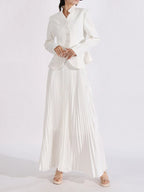 Elegant Button Up Long Sleeve Blouse & Pleated Skirt Two-Piece Set White