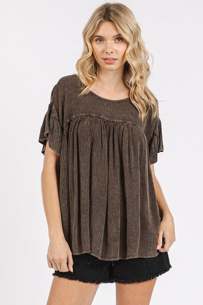 Mineral Washed Round Neck Ruffle Sleeve Blouse Chocolate