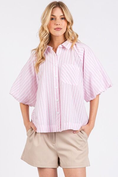 Mittoshop Button-Down Striped Puff Sleeve Shirt