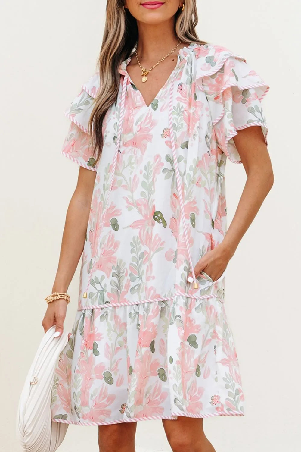 Floral Contrast Edge Mini Dress - Ruffled Short Sleeve Summer Look