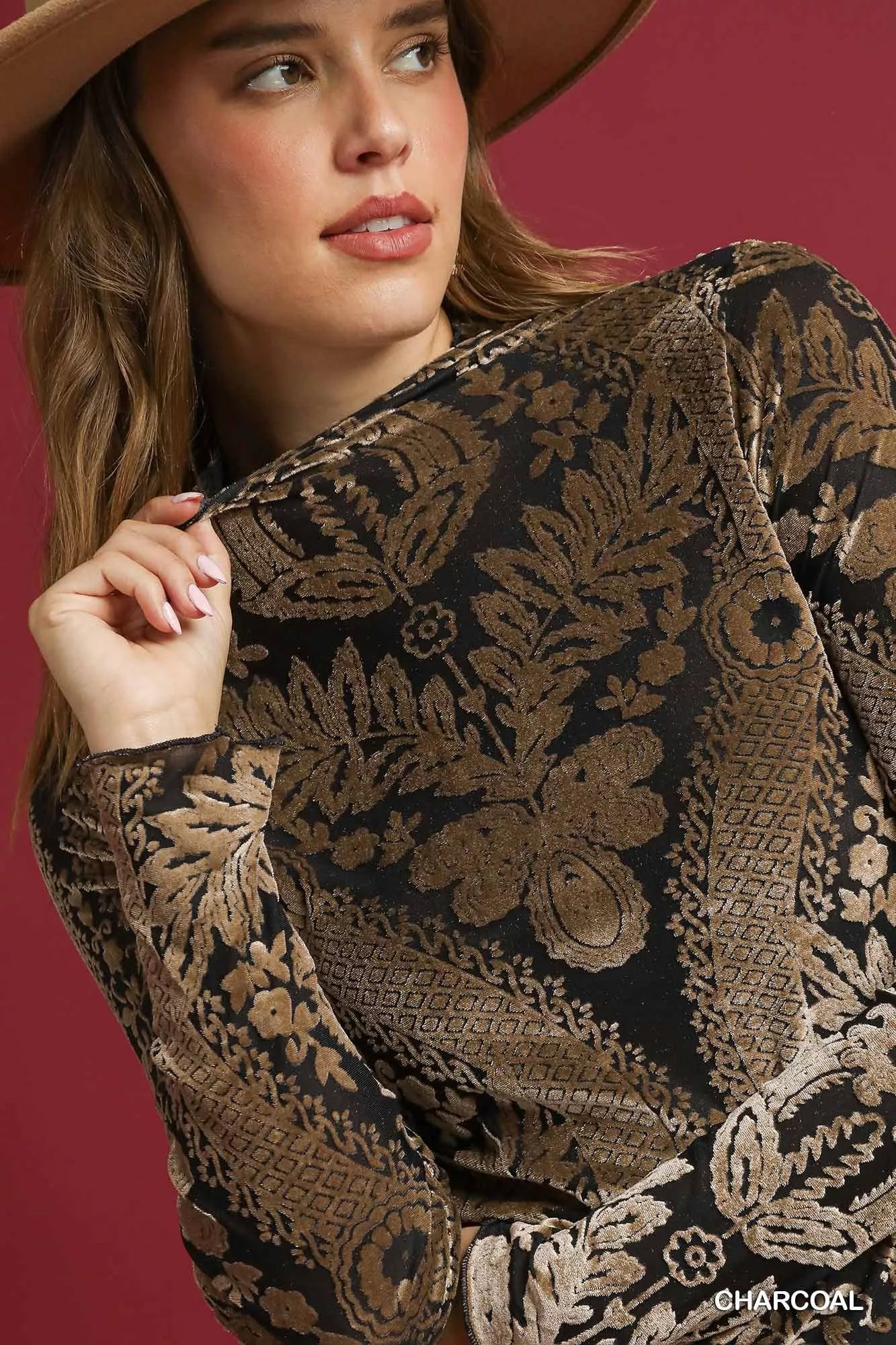 Umgee Velvet Burnout Damask Print Oversized Top