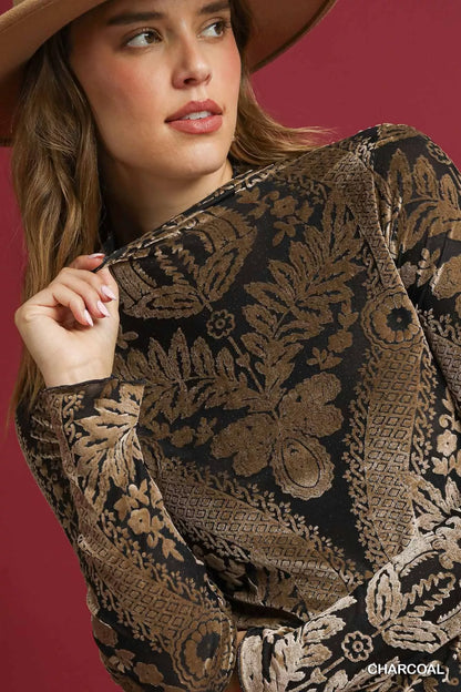 Umgee Velvet Burnout Damask Print Oversized Top