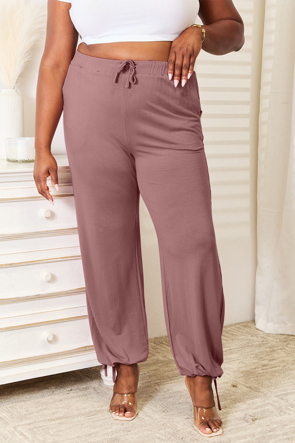 Soft Rayon Drawstring Waist Pants with Pockets Dusty Pink