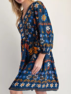 Bohemian Floral Print Ruched Long Sleeve Pocketed Mini Dress