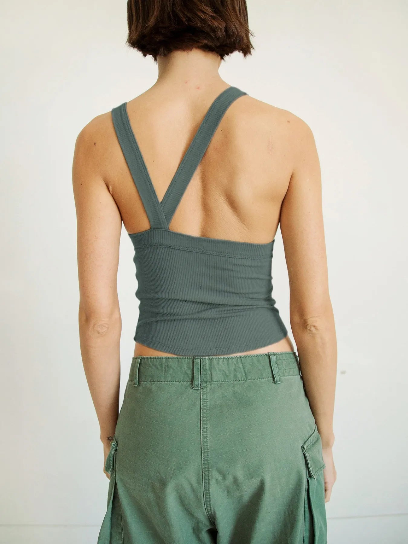 Asymmetrical Ribbed Back Crop Tank Top