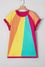 Frill Color Block Loose Fit T-Shirt - Casual & Trendy