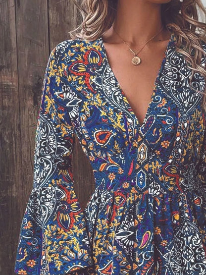 Paisley Print V-Neck Ruffled Flounce Sleeve Dress