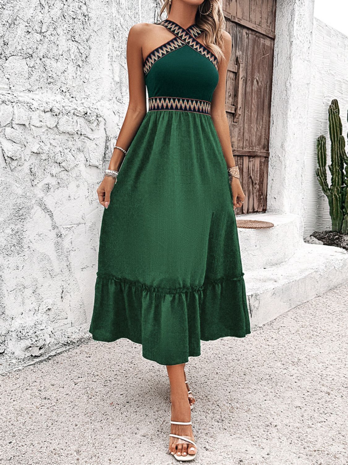 Devine Ruffled Slit Sleeveless Midi Dress - Elegant & Chic Dark Green