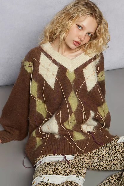 POL Argyle Dreams V‑Neck Mohair Sweater with Contrast Stitch