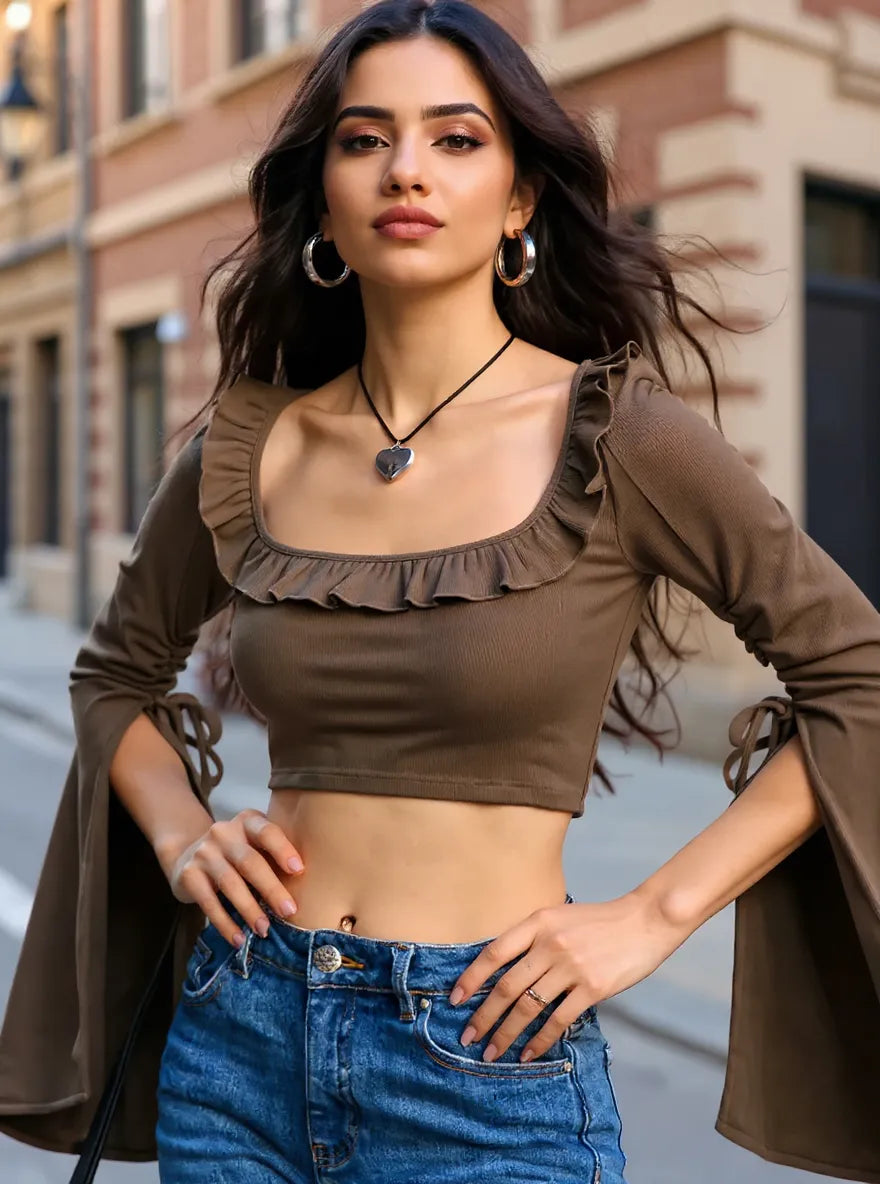 Chic Ruffled Square Neck Long Sleeve Top with Tie Front & Stretch Fit Coffee Brown