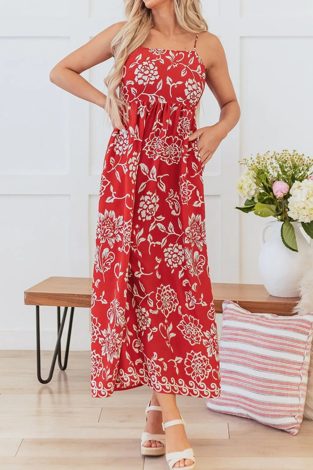 Floral Print Spaghetti Strap Empire Waist Maxi Dress