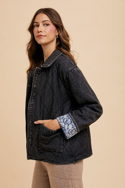 Annie Wear Quilted Printed Lining Snap-Down Denim Jacket