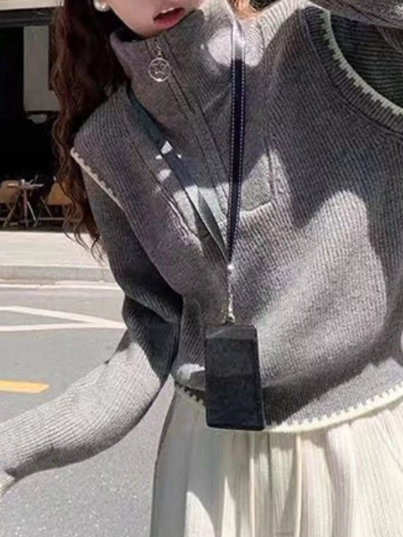 Ribbed High-Neck Half-Zip Sweater