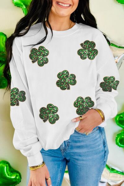 Sequin Lucky Clover Long Sleeve Crew Neck Sweatshirt