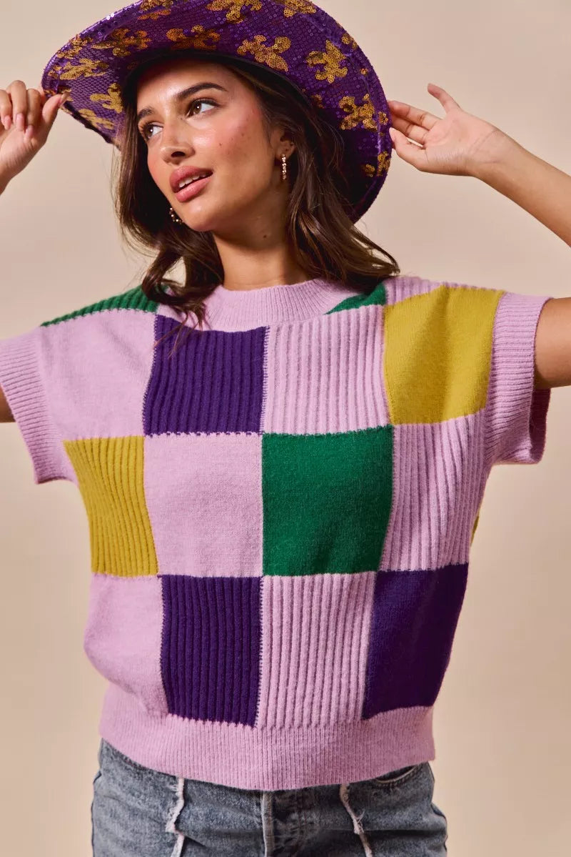 SO ME Mardi Gras Check Plaid Casual Knit Sweater Top