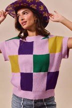 SO ME Mardi Gras Check Plaid Casual Knit Sweater Top