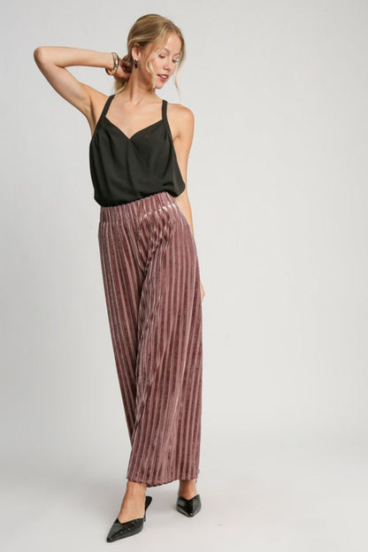 Umgee Elastic Waist Striped Wide Leg Velvet Pants