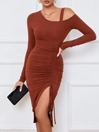 Ruched Ribbed Bodycon Dress with Asymmetrical Neckline