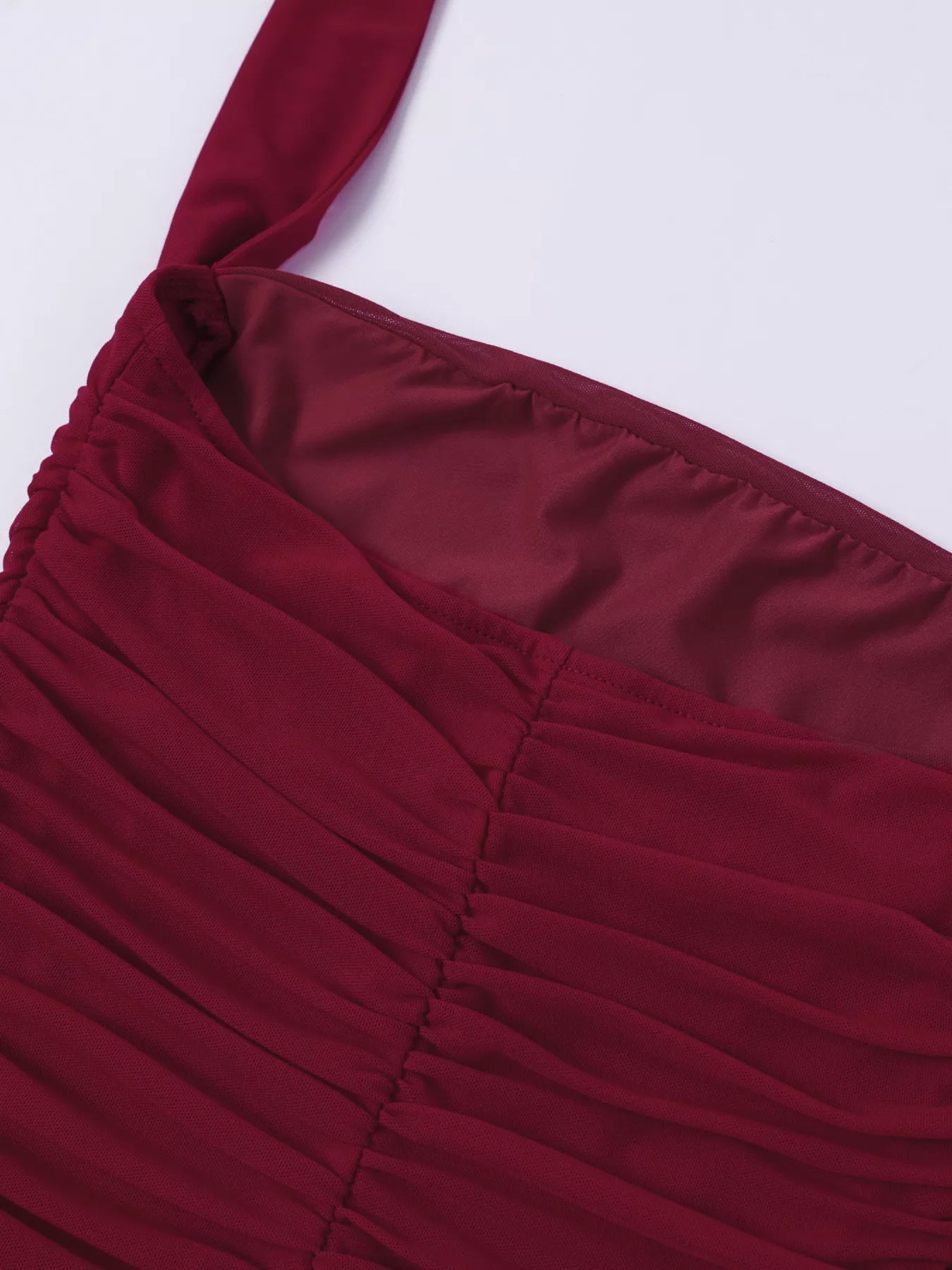 Halter Neck Ruched Mesh Slit Maxi Dress