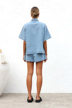 Collared Button-Up Denim Top and Shorts Set – Two-Piece Casual Outfit