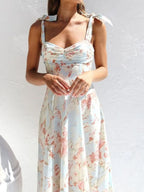 Floral Tie-Strap Sweetheart Neck Midi Dress â€“ Elegant Summer Sleeveless Dress