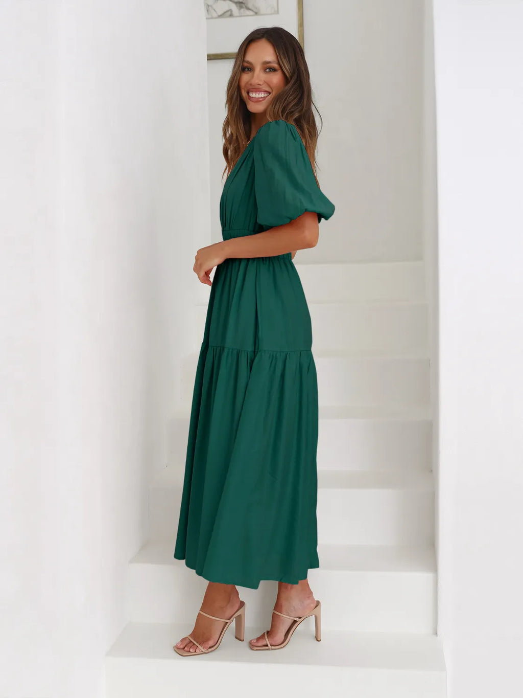 Tiered Surplice Midi Dress with Half Sleeves