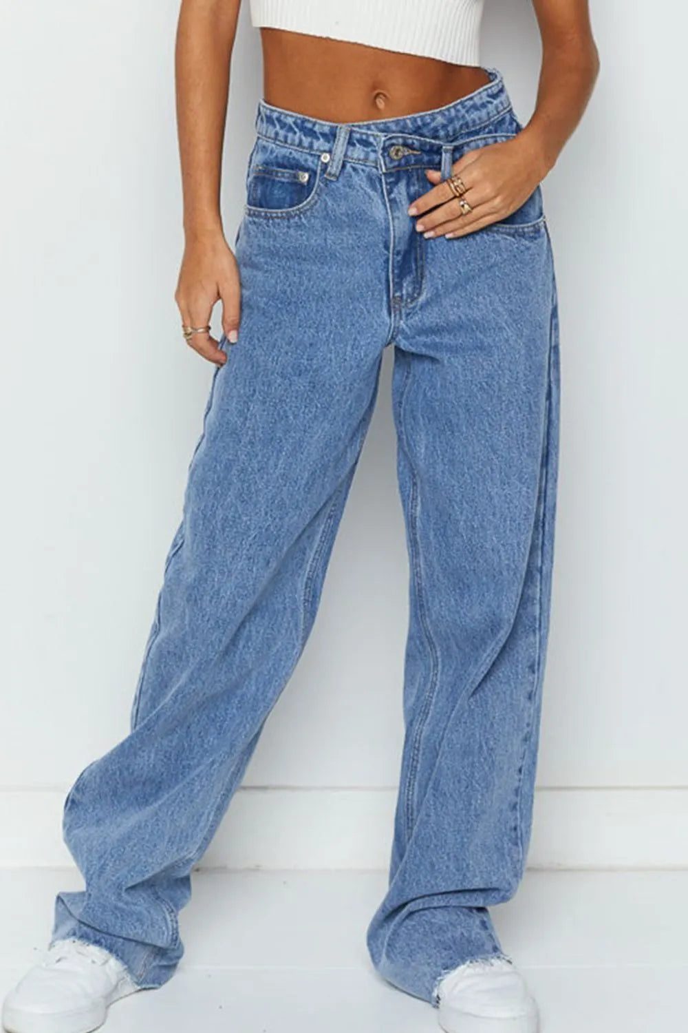 Mid Rise Wide Leg Jeans with Asymmetrical Waist Medium Blue