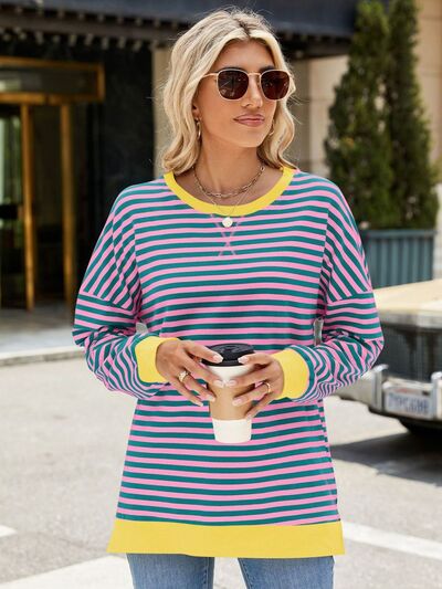 Chic Striped Slit Detail Long Sleeve Sweatshirt